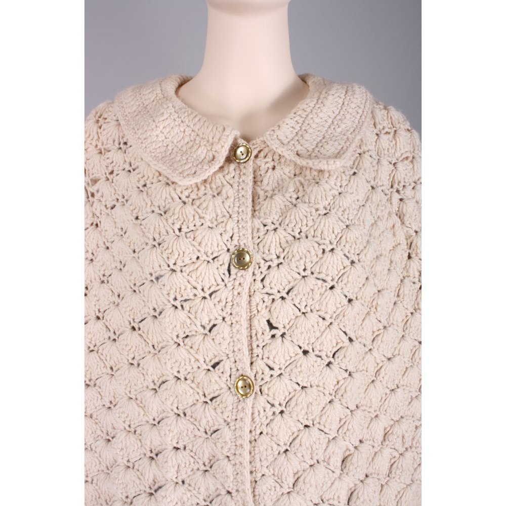 Vintage 60s Crochet Sweater Knit Fringe Poncho - Picture 5 of 6